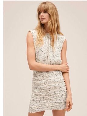 MNG polka dot ruched gauzes mini dress off white XS size 2